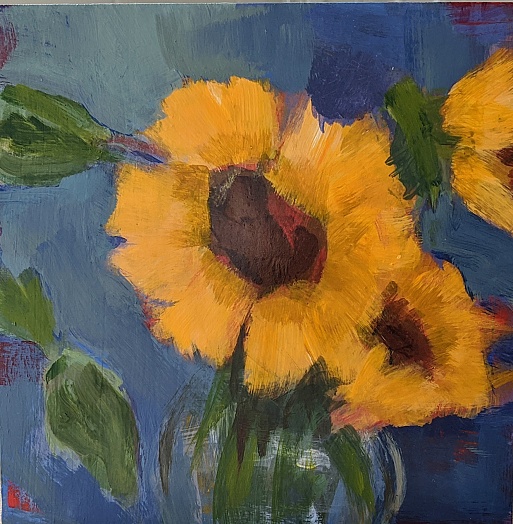 3 yellow sunflowers on blue background 6x6 2020