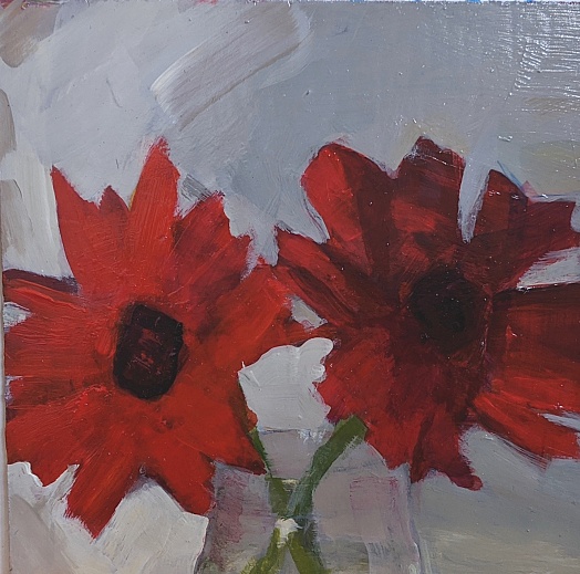 two red gerbera daisies abstract