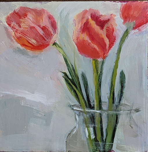 Three pink tulips in glass vase with gray background