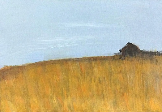 abstract day landscape wheat field with small barn on right