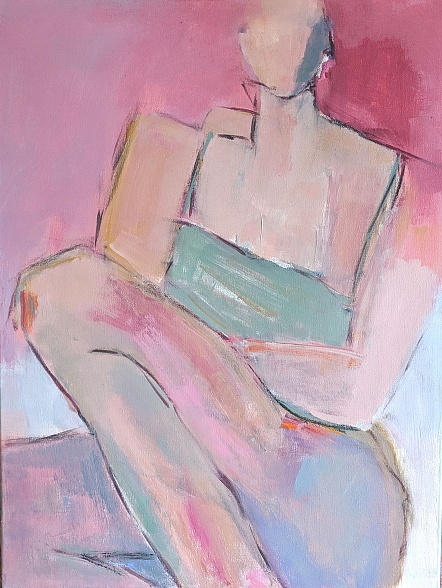 Abstract Woman sitting with knee up on white with lots of pink