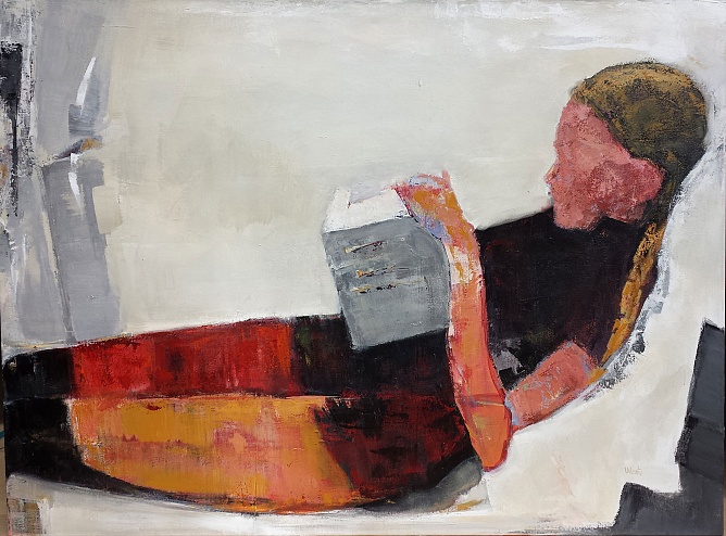 girl reclining with book palette knife