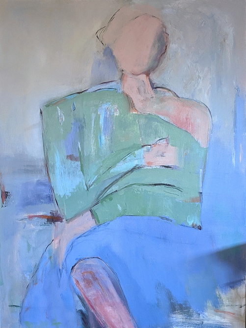 woman in blue and green sitting abstract